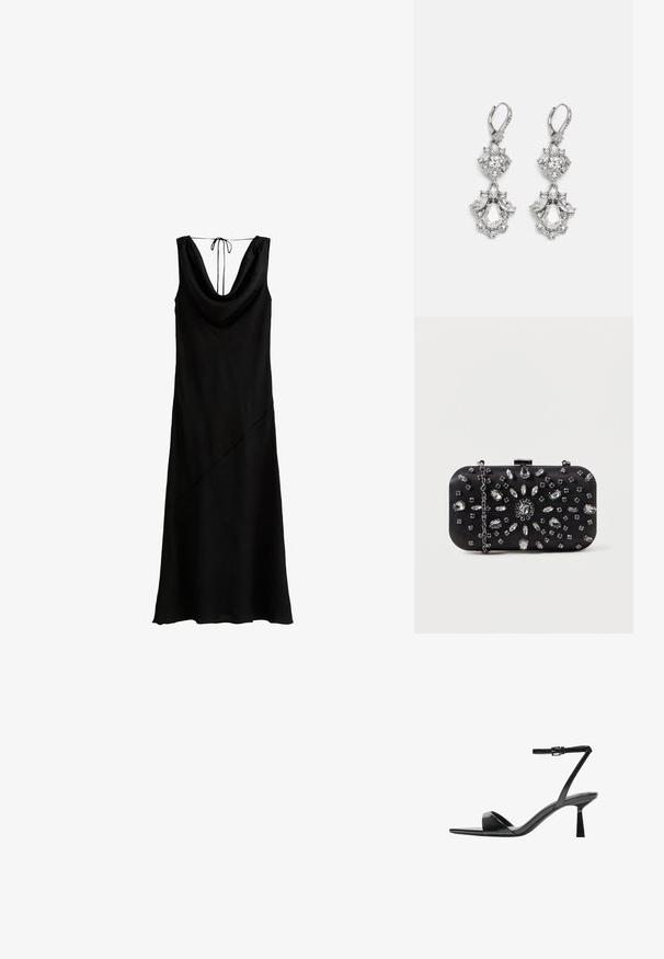 Zwarte mouwloze jurk met een gecentraliseerde halslijn en een striksluiting aan de achterkant; heeft een diagonale naad en een soepele textuur.; Bershka Sandalen met hoge hak - black; Zwarte clutch met een rechthoekige vorm, versierd met verschillende strass-steentjes in een bloemmotief, voorzien van een zilveren ketting voor het dragen.; Zilverkleurige oorbellen met meerdere heldere kristalgesteenten in druppel- en marquisevormen, met sluitingen met een leversysteem en ingewikkelde details.