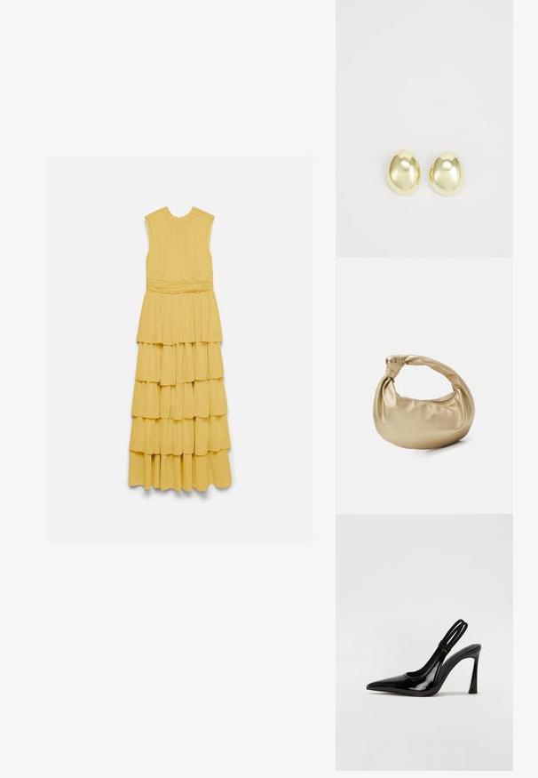 Ärmelloses gelbes Maxikleid mit geraffter Taille und vierlagigem Volantrock, flach auf weißem Hintergrund dargestellt.; Schwarze Lackleder Slingback-Pumps mit spitzem Zehenbereich, schlankem hohen Absatz und doppeltem elastischen Riemen für einen sicheren Sitz. Glatte, glänzende Oberfläche.; Goldfarbene Metall-Handtasche mit glatter, glänzender Textur. Verfügt über einen geknoteten Griff und eine abgerundete, weiche Form. Reißverschlussverschluss an der Oberseite.; Goldfarbene Metallstanzohrringe mit einer glatten, abgerundeten Form und polierter Oberfläche. Einfaches Design ohne zusätzliche Verzierungen.
