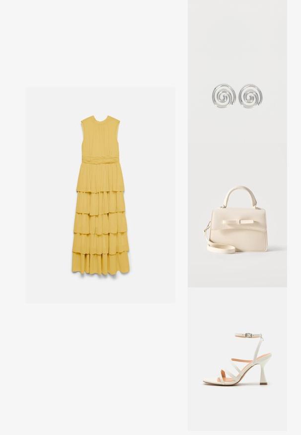 Robe maxi jaune sans manches avec une taille froncée et une jupe à volants à quatre étages, présentée à plat sur un fond blanc.; Sandale à talons hauts blanche à lanières avec une boucle à la cheville, texture lisse, bout carré et talon sculpté. Semelle intérieure beige clair.; Petit sac à main beige avec poignée supérieure, bandoulière amovible, rabat avant et nœud horizontal décoratif sur un fond uni.; Paire de boucles d'oreilles en forme d'anneau spirale en argent avec un design lisse et arrondi sur fond blanc uni.