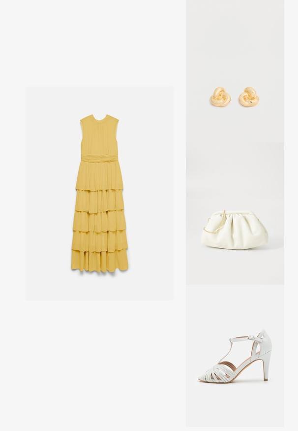 Vestido maxi amarillo sin mangas con cintura fruncida y falda con cuatro volantes en capas, presentado plano sobre un fondo blanco.; Sandal de tacón alto blanco con tiras entrecruzadas, diseño en T, textura suave y puntera afilada. Presenta un tacón delgado y cierre con hebilla.; Bolso de mano de cuero blanco con un diseño recogido, cuenta con una cadena dorada y forma redondeada. Textura suave con pliegues suaves y sin patrones.; Par de pendientes de botón en forma de nudo con acabado dorado brillante sobre un fondo blanco liso.