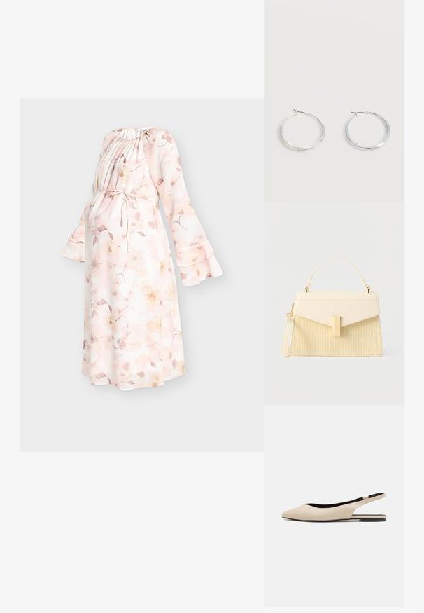 Umstandskleid aus weichem, leichtem Stoff mit floralem Muster in zartem Rosa und Gold, mit langen Ärmeln und einem Bindegürtel für eine verstellbare Passform.; Beige Leder Slingback-Ballerinas mit spitzem Zeh, minimalistischem Design, glatter Textur und einer niedrigen schwarzen Sohle.; Handtasche in Cremefarbe mit gewebter Struktur, goldfarbenem rechteckigem Verschluss, oberem Tragegriff und abnehmbarem Handgelenkriemen auf weißem Hintergrund.; Silberne Metallcreolen mit glatter, leicht gebogener Oberfläche und Klappverschluss vor schlicht weißem Hintergrund.
