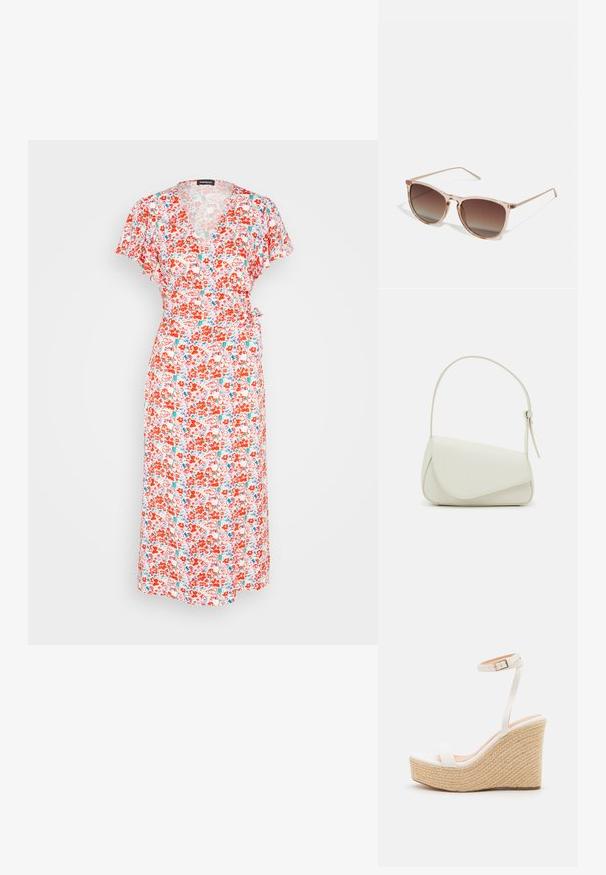 Even&Odd Vestido informal - red/blue/multi-coloured; Sandalia de cuña blanca con plataforma de cuerda texturizada, que presenta una delgada correa en el tobillo y un diseño de punta cerrada suave.; Gafas de sol con degradado marrón y un marco translúcido rosa, forma cuadrada y brazos de metal delgados. Presenta bordes redondeados y un diseño minimalista.; Bolso de mano de imitación cuero blanco con una forma triangular estructurada, correa ajustable única y cierre con solapa acentuada en curva.