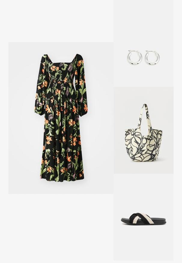 Vestido negro con flores, con mangas largas abullonadas, escote cuadrado, cuerpo fruncido y vibrantes patrones tropicales en naranja y verde sobre una tela fluida.; Sandal de tira plana de caucho, tejido en negro y crema, con dos tiras trenzadas cruzadas hechas de un material suave y texturizado.; Bolsa de tela tipo tote con patrón abstracto de hojas negras sobre fondo crema y asas largas a juego con el mismo diseño.; Pendientes de aro de plata con un acabado pulido, que presentan una forma circular y un cierre de gancho. Textura suave con detalles mínimos.