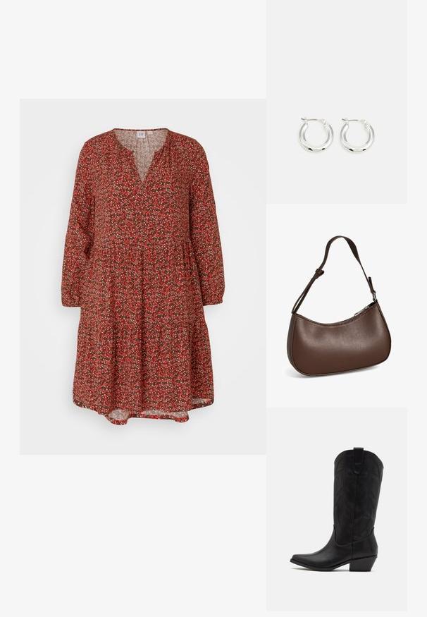 GAP ZEN MINI TIER DRESS - Dienas kleita - red; Melnas ādas kovboju zābaks ar norādītu purngalu, zemu kaudzes papēdi un sarežģītu iegrimstošā lapu rakstu uz kājas. Cilpa augšā ērtai uzvilkšanai.; Mazs brūns ādas pleca soma ar regulējamu siksnu un rāvējslēdzēja aizdari, attēlota uz balta fona. Nav redzamu zīmolu vai dekorāciju.; Sudraba apli auskari ar pulētu apdari, kas izceļas ar apaļu formu un eņģes stublāju aizdari. Gluda tekstūra ar minimālu detalizāciju.