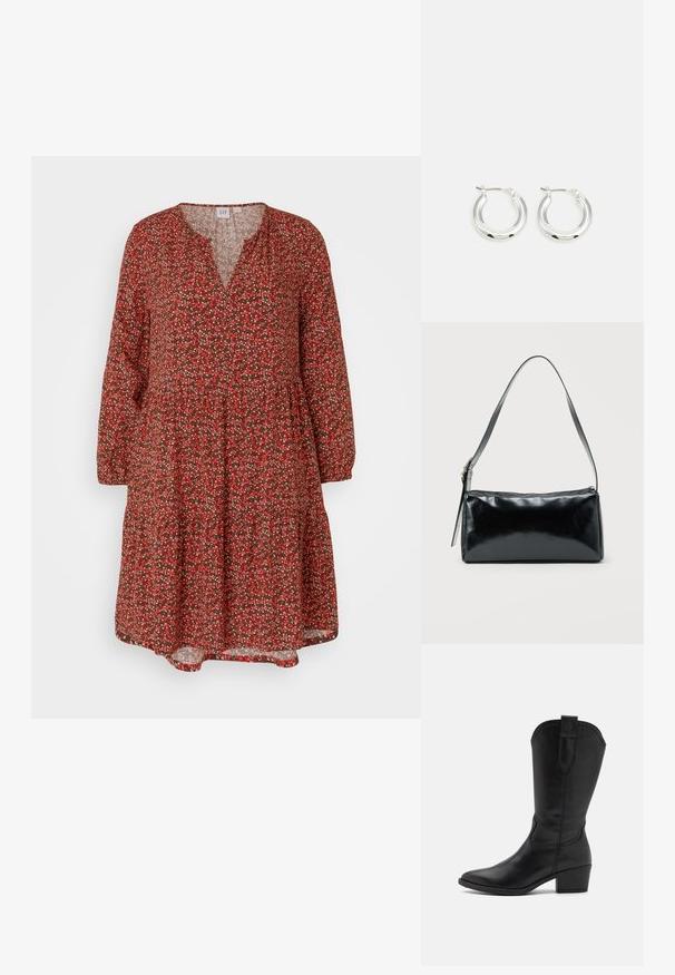 GAP ZEN MINI TIER DRESS - Denné šaty - red; Čierna kožená kovbojská topánka s špicatou špičkou, výškou po členky a s vrúbkovaným opätkom. Obsahuje dekoratívne prešitie a pútko.; Čierna obdĺžniková kabelka na rameno s jedným nastaviteľným remienkom a horným zipsom na jednofarebnom pozadí.; Strieborné kruhové náušnice s lešteným povrchom, ktoré majú kruhový tvar a závesné zapínanie. Hladký povrch s minimálnymi detailmi.