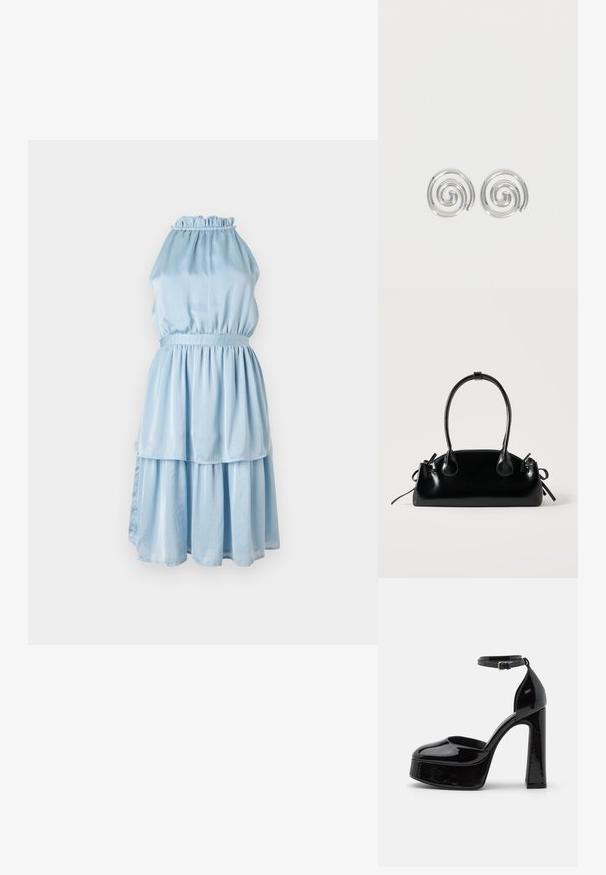 Robe sans manches bleu clair avec un col en volants, taille élastique et deux couches superposées, fabriquée en tissu lisse avec un léger éclat.; Talons compensés en cuir verni noir avec une bride à la cheville, bout arrondi et talon épais, affichant une texture lisse et brillante.; Petit sac à main noir brillant avec deux longues anses et des détails à cordon sur les côtés sur un fond clair uni.; Paire de boucles d'oreilles en forme d'anneau spirale en argent avec un design lisse et arrondi sur fond blanc uni.