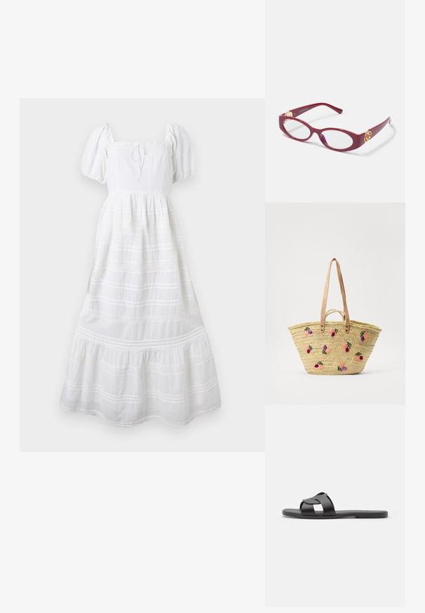 Hvid midi-kjole med pufærmer, firkantet halsudskæring, taljeret pasform og lagdelt nederdel med blonde- og lægdetaljer.; Sort slide sandal med crisscross strop design, flad sål, mat tekstur og minimalistisk profil. Velegnet til afslappet brug.; Røde plastikbriller med ovalt stel og klare linser. Har guldfarvede hardware-detaljer på stængerne og et slankt moderne design.; Vævet stråtaske med læderhåndtag, prydet med farverig blomsterbroderi i pink, lilla og grøn. Åben-top design.