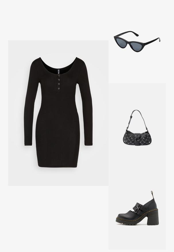 Pieces PCKITTI DRESS - Jerseykjole - black; Sorte højhælede sko med en tekstureret sål, der har to sølvspænder, gul syning og en løkke bagpå for nem påtagning.; Sorte katteøje solbriller med mørkegrå linser, slankt plastisk stel, spidse hjørner og lige stænger. Ingen synlig hardware eller dekorationer.; Sort håndtaske med quiltet tekstur, der har sølvhardware, en buet form og en enkelt justerbar rem. Lynlås lukning øverst.