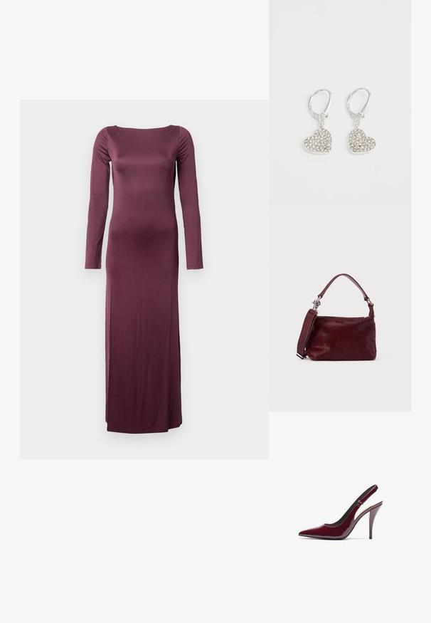 Vestido de manga larga y largo hasta el suelo en tejido burdeos profundo. Presenta un escote barco y una silueta ajustada y suave.; Zapatos de tacón slingback de charol burdeos con punta afilada, alto tacón de aguja y una textura suave y elegante. Detalle de correa ajustable.; Pequeño bolso rectangular color burdeos con acabado texturizado, asa corta y correa de hombro desmontable sobre un fondo claro y sencillo.; Pendientes en forma de corazón de plata, incrustados con piedras de strass transparentes, que cuentan con cierres de palanca para un uso seguro.