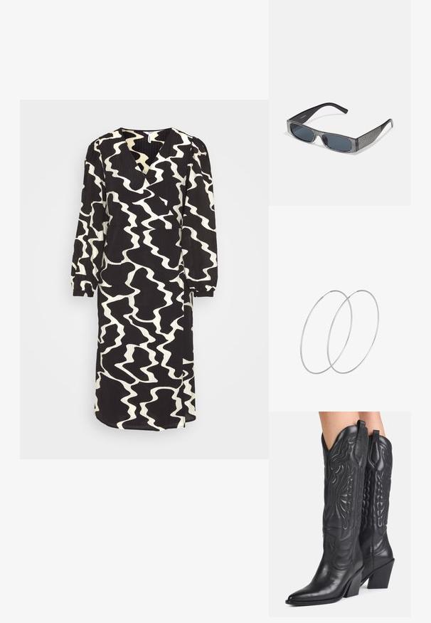 Object OBJVANJA WRAP DRESS - Robe de jour - black/sandshell; Bottes de cowboy en cuir noir avec bouts pointus, coutures décoratives et talons blocs inclinés portées par une personne.; Lunettes de soleil noires avec des verres gris, ornées d'un motif en grille de petits rhinestones métalliques le long des montures. Fini lisse, design angulaire.; Boucles d'oreilles en argent au design minimaliste. Forme circulaire, texture lisse et profil fin. Légères avec une finition polie.