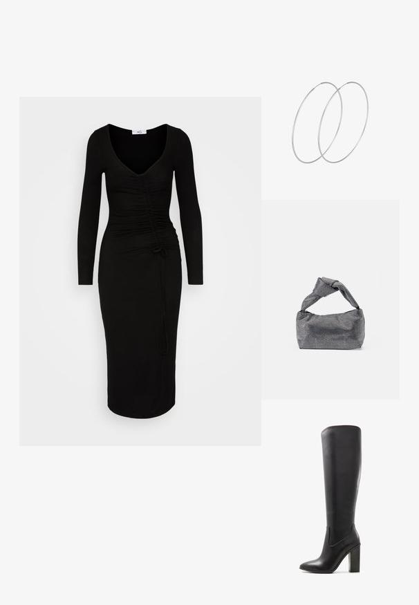 WAL G. DEL GATHERED MIDI - Jerseykjole - black; ALDO PILLOW WALK PULL ON GLAJAR - Højhælede støvler - black; Sorte og sølv håndtaske med en tekstureret overflade, der har et diamantmønster, en knyttet håndtag og en struktureret form.; Sølvøreringe med et minimalistisk design. Cirkulær form, glat tekstur og tynd profil. Letvægtige med en poleret overflade.