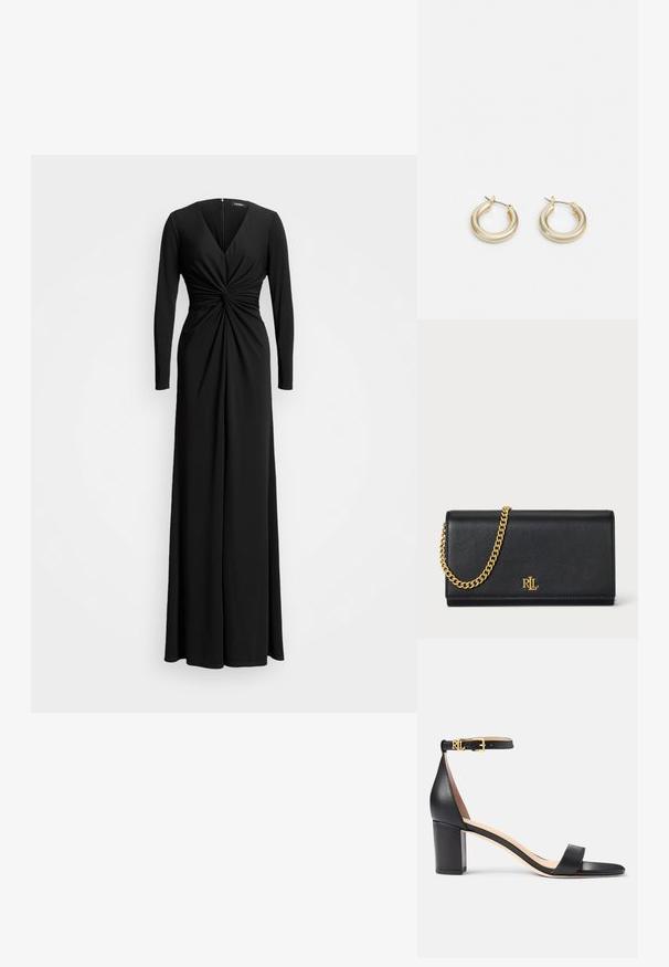 Sort langærmet kjole med V-udskæring og snoet bodice-detalje. En gulvlængde design lavet af glat, strækbart stof.; Lauren Ralph Lauren LOGAN BURNISHED LEATHER SANDAL - Sandaler - black; Sort læderpung med en guld kædestrop, der har et guld logo foran. Minimalistisk design med en glat overflade og slank form.; Lauren Ralph Lauren BASIC SMALL HOOP - Øreringe - gold-coloured