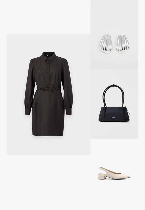 Mørkebrun langærmet kjole med stofbeklædte knapper ned langs fronten, et matchende bælte med sløjfe, og en klassisk krave på hvid baggrund.; Beige slingback hæle med spids tå, lav blokhæl og glat lædertekstur. Har udsparinger på siderne for åndbarhed.; Sort DKNY håndtaske med dobbelte rundede håndtag og et lille metal logo foran, sat mod en ensartet lys baggrund.; Et par skinnende sølv, ribbede skaldformede øreringe på en ensfarvet hvid baggrund, som viser reflekterende og glatte overflader.