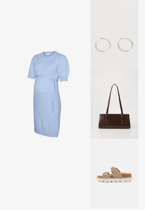 Light blue knit maternity dress with short puffed sleeves and a tie belt above the baby bump, knee-length and crew neckline.; Beige slide sandals featuring two adjustable straps, cork midsole, and white rubber outsole with a textured pattern.; Brown patent leather handbag with a rectangular shape, two long handles, and subtle curved accents on the front.; Silver metal hoop earrings with smooth, slightly curved surface and latch-back closures on a plain white background.