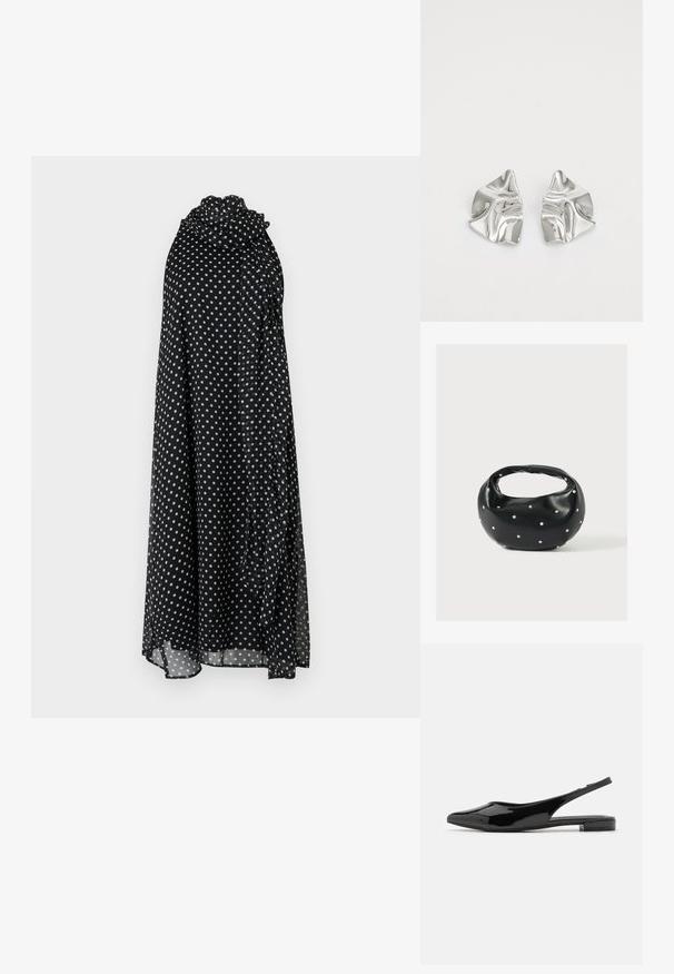 Vestido negro sin mangas con lunares blancos y un escote alto fruncido, tela fluida que llega hasta la mitad de la pantorrilla.; Zapatos de charol negro tipo slingback con puntera afilada y tacón bajo. Textura suave, diseño minimalista, parte trasera abierta y silueta elegante.; Bolso de mano de cuero negro con forma redondeada, decorado con detalles de tachuelas plateadas y un asa corta. Textura lisa y cierre con cremallera.; Pendientes de metal plateado con un diseño ondulado y escultórico, que presentan un acabado pulido y formas irregulares, destacando una estética contemporánea.