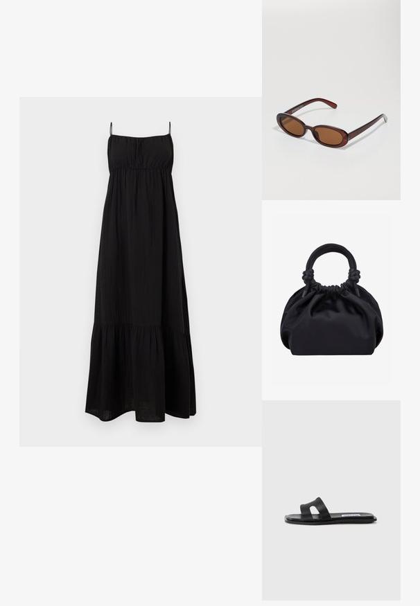Vestido maxi negro sin mangas con tirantes finos, bodice fruncido y falda con volantes.; Sandalia plana negra con dos correas anchas, un detalle de corte en una de las correas y un acabado mate suave. Suela delgada y flexible.; Gafas de sol redondas con tinte marrón y un marco burdeos brillante. Patillas delgadas con un sutil detalle de marca. Diseño de lentes planos.; Bolso de mano de tela negra suave con parte superior fruncida y asas acolchadas circulares atadas con nudos a cada lado.