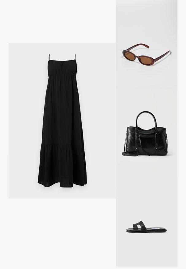 Vestido maxi negro sin mangas con tirantes finos, bodice fruncido y falda con volantes.; Sandalia plana negra con dos correas anchas, un detalle de corte en una de las correas y un acabado mate suave. Suela delgada y flexible.; Gafas de sol redondas con tinte marrón y un marco burdeos brillante. Patillas delgadas con un sutil detalle de marca. Diseño de lentes planos.; Bolso de cuero negro con asas dobles, bolsillo frontal con cremallera, correas decorativas y correa de hombro desmontable sobre un fondo claro.