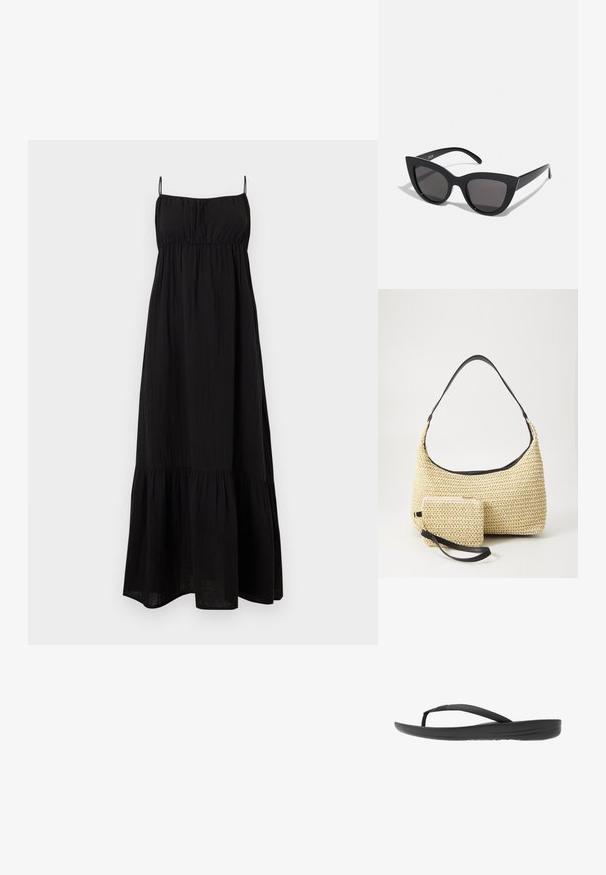 Zwarte mouwloze maxi-jurk met dunne bandjes, geplooide lijfje en gelaagde rok.; Zwarte flip-flop met een gestructureerde band, een gevoerde zool en een strak, minimalistisch ontwerp. Geschikt voor casual gebruik.; Zwarte cat-eye zonnebril met een matte afwerking, voorzien van grijs getinte glazen, scherpe hoeken en slanke zijarmen. Merkennaam zichtbaar op de binnenarm.; Geweven strohandtas met een gebogen silhouet, voorzien van een soepele zwarte leren schouderband en een bijpassend klein zakje dat is bevestigd met een polsband.