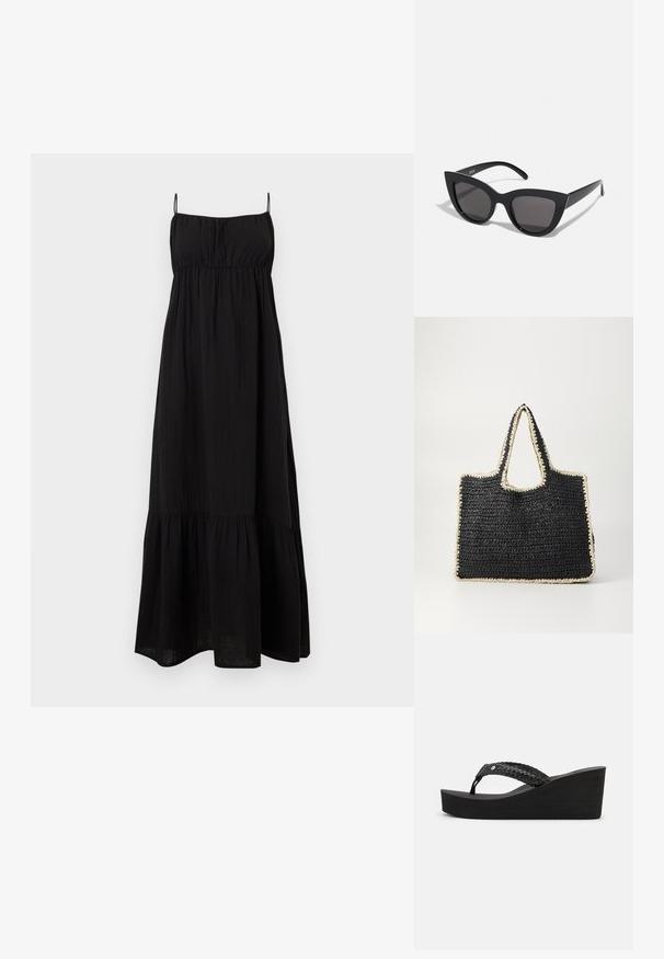 Zwarte mouwloze maxi-jurk met dunne bandjes, geplooide lijfje en gelaagde rok.; Zwarte wedge-sandalen met een geweven bandontwerp, voorzien van een textuur en een comfortabele zool. Geen zichtbare merknaam of versieringen.; Zwarte cat-eye zonnebril met een matte afwerking, voorzien van grijs getinte glazen, scherpe hoeken en slanke zijarmen. Merkennaam zichtbaar op de binnenarm.; Zwarte geweven tote tas met crèmekleurige bies en handvatten, rechthoekige vorm, open bovenkant en een gestructureerd breipatroon.