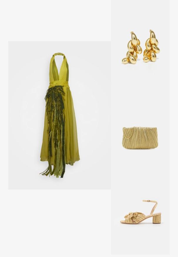 Alberta Ferretti DRESS - Galajurk - fantasy green; Gouden sandalen met hakken, voorzien van een textuur en geplooid ontwerp met een opvallende strikdetail. Enkelbandje met verstelbare gesp, medium blokhak.; Loeffler Randall BRIT PLEATED FLAT - Clutch - gold-coloured; HUGO KREIT PISTIL CHAIN - Oorbellen - gold-coloured