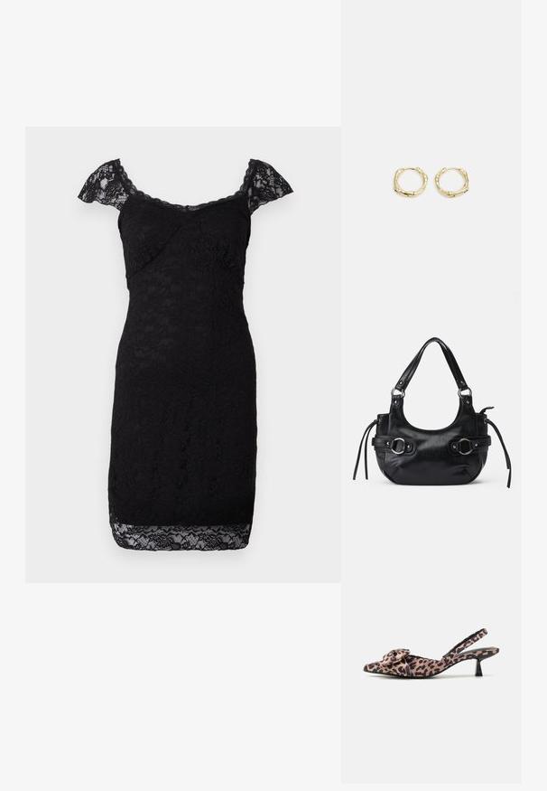 Robe en dentelle noire avec des manches courtes volantées, un design ajusté, un décolleté arrondi et un motif floral complexe sur l'ensemble. L'ourlet se termine par de la dentelle.; Talons slingback à bout pointu en tissu imprimé léopard avec un accent nœud, dotés d'un petit talon noir et d'une texture lisse.; Sac à main en cuir noir de forme arrondie, avec deux boucles sur les côtés, texture lisse et une courte bandoulière. Détails supplémentaires avec des pompons latéraux.; Boucles d'oreilles en or en forme de cerceau avec une texture et une forme irrégulière. Présentent une fermeture sans couture et une finition polie, soulignant un design moderne.