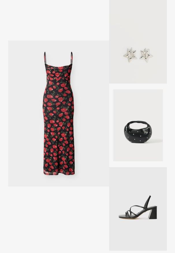 Robe longue noire à bretelles fines spaghetti avec imprimé de roses rouges et un col froncé.; Sandales noires à talons avec un bout carré, présentant plusieurs fines bretelles et un talon bloc géométrique. Texture en cuir lisse et design minimaliste.; Sac à main en cuir noir de forme arrondie, décoré de clous argentés et équipé d'une poignée courte. Texture lisse et fermeture éclair.; Boucles d’oreilles créoles en forme d’étoile argentée avec une finition lisse et polie sur un fond blanc uni.