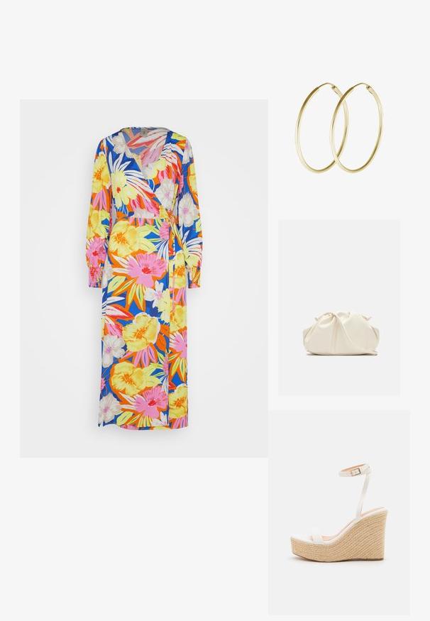 YAS YASSIMUNA WRAP DRESS - Vestido largo - princess blue/simuna; Sandalia de cuña blanca con plataforma de cuerda texturizada, que presenta una delgada correa en el tobillo y un diseño de punta cerrada suave.; Bolso de mano de cuero suave de color crema con diseño fruncido y plisado y una delgada correa para el hombro que descansa delante sobre un fondo liso.; Pendientes de aro de oro con un diseño suave y redondeado y un acabado brillante. Construcción ligera con un cierre de broche seguro.
