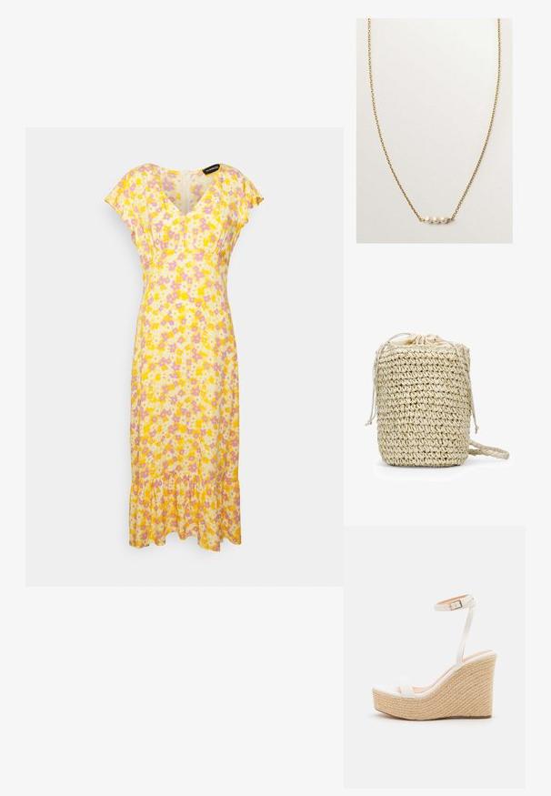 Even&Odd Vestido informal - yellow; Sandalia de cuña blanca con plataforma de cuerda texturizada, que presenta una delgada correa en el tobillo y un diseño de punta cerrada suave.; Bolso tejido de color beige con forma cilíndrica, cierre de cordón y un forro interior suave, presentando un exterior de fibra natural texturizada.; Collar de cadena de oro con tres pequeñas perlas blancas ensartadas horizontalmente en el centro sobre un fondo liso y claro.