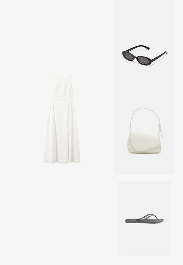 Robe midi blanche sans manches avec corsage ajusté et jupe évasée, présentée sur un fond blanc uni.; Claquette grise plate avec semelle texturée et fines brides en Y, vue de profil sur un fond clair uni.; Even&Odd Lunettes de soleil - black; Sac à main en cuir synthétique blanc avec une forme triangulaire structurée, une bandoulière unique réglable et un rabat à courbes accentuées.