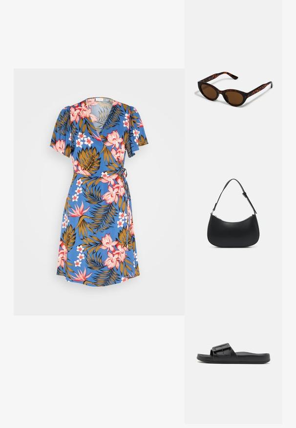 VILA VIMAYA WRAP SHORT DRESS - Hverdagskjole - federal blue/tropical; Sort sklidesandal med bred rem, justerbart spænde, flad sål og glat mat tekstur. Enkel design uden ekstra mønstre.; Brune skildpadde solbriller med en vintage katteøje-form og brune linser. Har buede arme med røde detaljer.; Pieces PCALUANA SHOULDER BAG - Håndtasker - black