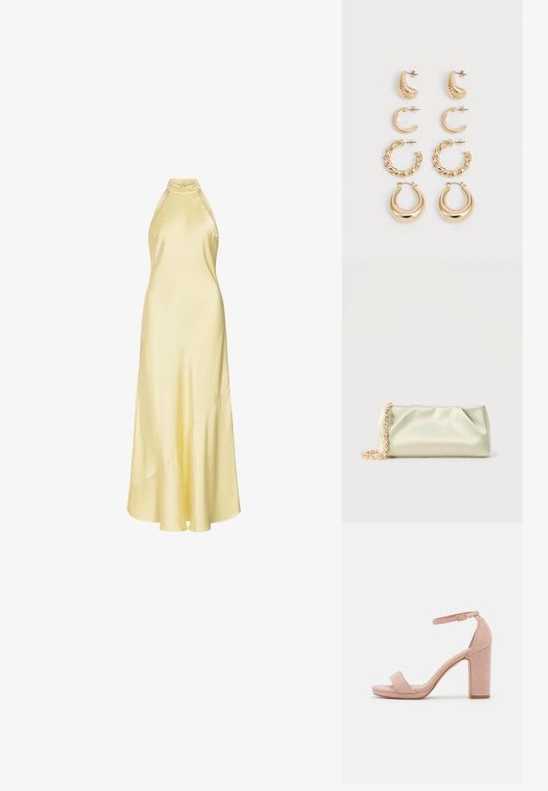 Robe sans manches en satin jaune pâle avec un col haut de type licou, un corsage ajusté et un ourlet asymétrique fluide.; Sandale à talon haut en daim rose avec un talon bloc, bout ouvert et bride de cheville avec une détail de boucle en or. Bande avant plate.; Pochette en satin vert clair avec une bandoulière chaîne en or et cristaux, forme rectangulaire avec des plis doux sur un fond uni.; Ensemble de cinq boucles d'oreilles en or, avec des designs variés : surfaces torsadées, striées et lisses en formes de créoles et de croissants.