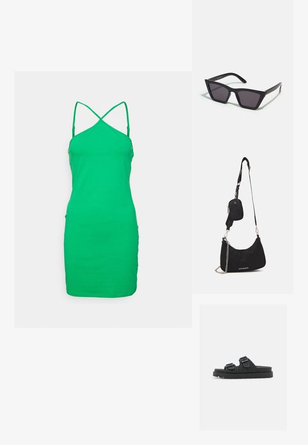 Vero Moda Petite VMMADAMAXI SINGLET SHORT DRESS JRS PTT - Päevakleit - bright green; Mustad musta värvi siseriiete sandaalid, millel on kaks reguleeritavat klambrid, tekstuuriga rihm ja paks tald. Küljele on peale pruugitud "BUFFALO".; Mustad mustrakellad, millel on hallid šabloonid; valmistatud plastist, paksude ja siledate kätega, ilma nähtava riistvarata.; Must mustri õlakott, millel on kaarjas kuju, hõbedane kett, eemaldatav mini kotike ja reguleeritav rihm; esiküljel on "Steve Madden" logo.