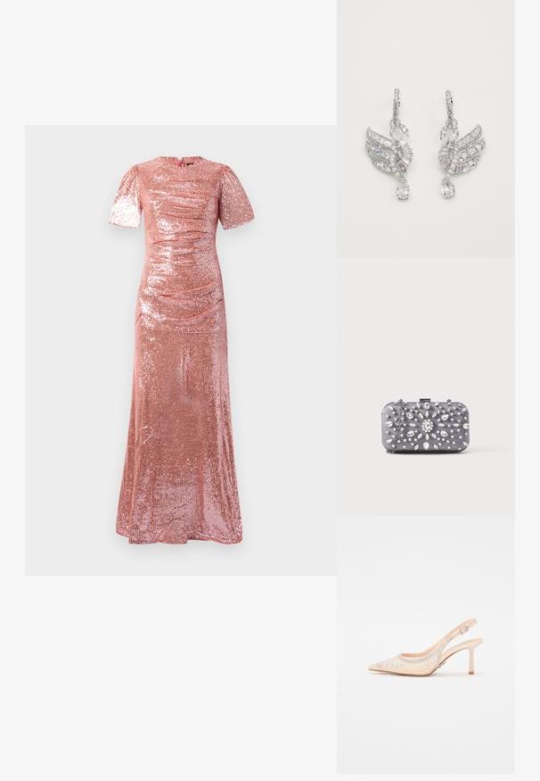 Gulvlængde, rosegul sequin kjole med korte ærmer, rund halsudskæring og subtile rynkedetaljer på bodice og talje.; Steve Madden VERO - Højhælede pumps - champagne; Lille rektangulær mørkegrå clutch pyntet med klare rhinsten i et strålende mønster og en sølvkæde som strop.; Sølv øreringe formet som svaner, med klare krystaller, perleaccentuer og et dråbe-design med en tåreformet ædelsten.