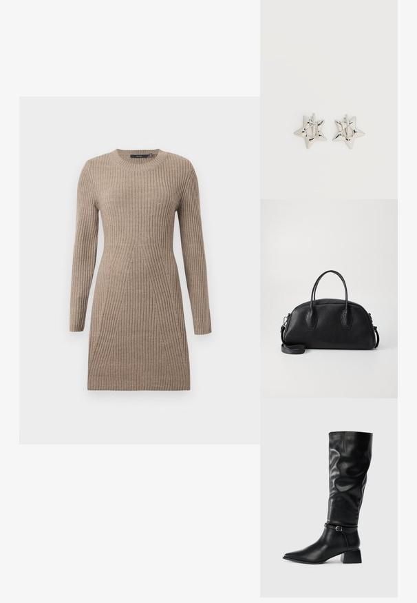 Beige ribbet strikkjole med lange ærmer, rund halsudskæring og tapered designelementer. Blød tekstur og en tætsiddende silhuet.; Sort skindstøvle til midt på læggen med lav blokhæl, spids tå og dekorativ ankelrem med sølvspænde på en ensfarvet baggrund.; Sort læder håndtaske med rund form, dobbelte top håndtag, tekstureret overflade og aftagelig skulderrem. To hexagonale detaljer på siderne.; Sølv stjerneformede øreringe med en glat, poleret finish på en ensfarvet hvid baggrund.