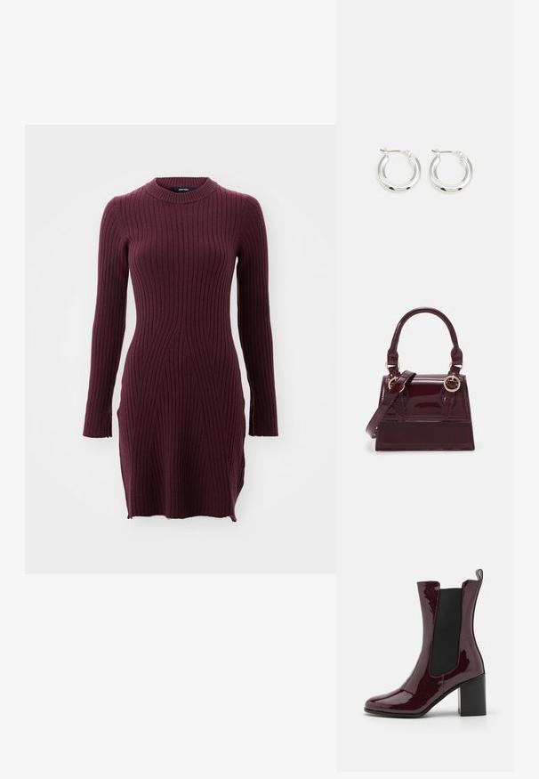 Robe bordeaux à manches longues en côtes avec un col montant, présentant des motifs à rayures verticales et une silhouette légèrement cintrée.; RAID ILLEANA - Bottines - burgundy; Sac à main en cuir verni bordeaux avec une forme structurée, équipè de poignées doubles et d'une bandoulière réglable. Doté de garnitures en métal doré et d'accents cousus.; Boucles d'oreilles en argent avec une finition polie, présentant une forme circulaire et une fermeture à charnière. Texture lisse avec un minimum de détails.