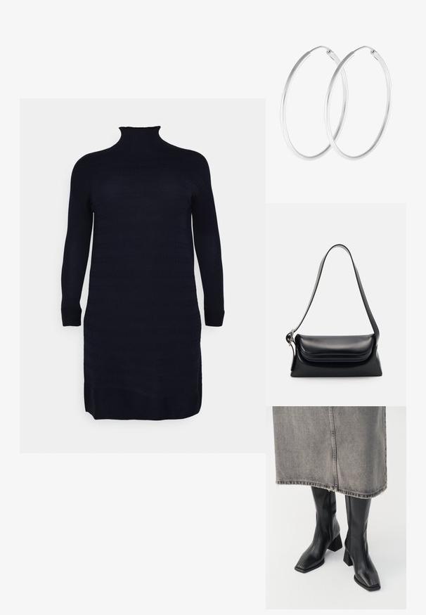 Persona by Marina Rinaldi GIADA - Svetríkové šaty - dark blue; Čierne kožené čižmy po kolená s hranatou špičkou a blokovým podpätkom. Nosené s sivou džínsovou sukňou s rozstrapkaným lemom.; Čierna kožená kabelka so štruktúrovaným tvarom, hladkou textúrou a jedným ramenným popruhom. Obsahuje jemný, zaoblený dizajn klapky.; Strieborné kruhové náušnice s hladkým, okrúhlym tvarom a lešteným povrchom. Obe náušnice sú rovnakej veľkosti a disponujú bezpečným uzatváracím mechanizmom.