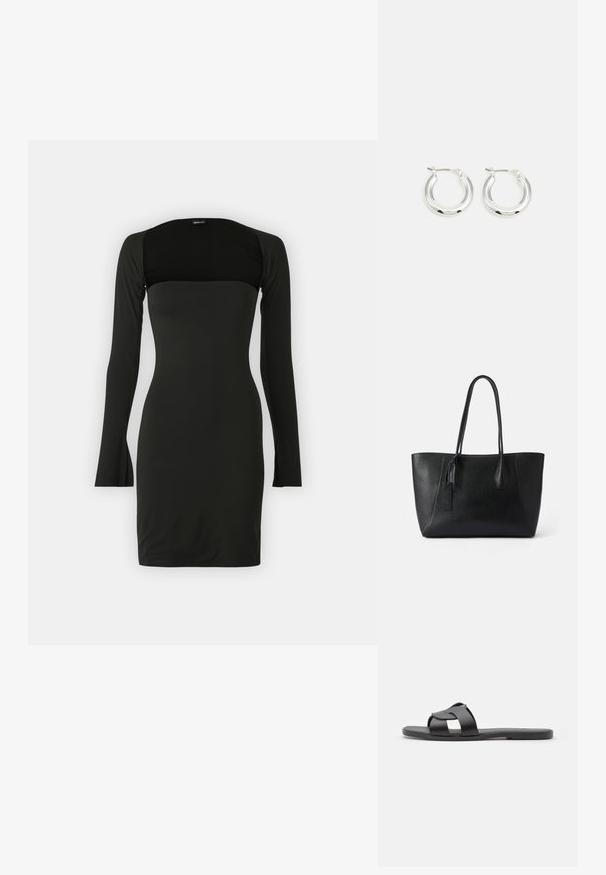 Schwarzes langärmliges Kleid in figurbetontem Design mit quadratischem Ausschnitt. Weicher, dehnbarem Stoff mit glatter Textur. Minimalistischer Stil, keine Muster.; Schwarze Rutsch-Sandale mit überkreuztem Riemendesign, flacher Sohle, matter Textur und minimalistischer Silhouette. Geeignet für Freizeitkleidung.; Schwarze Ledertasche mit strukturierter Oberfläche, elongated Form, zwei robuste Griffe und einem kleinen dekorativen Anhänger an der Seite.; Silberne Creolen mit glänzender Oberfläche, die eine kreisrunde Form haben und mit einem schwenkbaren Verschluss ausgestattet sind. Glatte Textur mit minimalen Details.