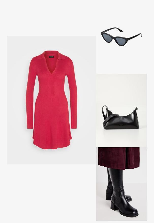 Even&Odd Strickkleid - red; Schwarze kniehohe Stiefel mit einer glatten Lederoberfläche, rechteckigen Blockabsätzen und seitlichen Nähdetails, kombiniert mit einem kastanienbraunen Rock.; Schwarze Cat-Eye-Sonnenbrille mit dunkelgrauen Gläsern, schlankem Kunststoffrahmen, spitzen Ecken und geraden Bügeln. Keine sichtbaren Befestigungen oder Akzente.; Schwarze lederne Handtasche mit glatter Textur. Verfügt über einen verstellbaren Riemen und ein elegantes, minimalistisches Design mit einem Reißverschluss.