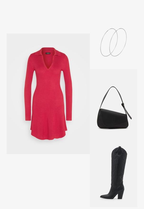 Even&Odd Strikkjoler - red; Zign LEATHER - Cowboy- / bikerstøvler - black; Sort læderhåndtaske med en triangular form, skrå klap og et rundt håndtag. Har en glat overflade og minimalistiske design detaljer.; Sølvøreringe med et minimalistisk design. Cirkulær form, glat tekstur og tynd profil. Letvægtige med en poleret overflade.