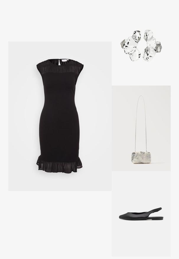 Sort kjole med korte ærmer, ribbet tekstur, plissédetalje ved halsudskæringen og en voluminøs kant. Enkelt design, tætsiddende silhuet.; Sorte læder slingback sko med spidse tæer, flad hæl og buet udskæringsdesign. Glat overflade og minimalistisk stil.; Rektangulær sølvclutch med perler og blomsterfigur, med en lang tynd sølvkæde, vist mod en ensfarvet baggrund.; Klynge af seks uregelmæssigt formede, gennemsigtige og reflekterende glaslignende stykker arrangeret på en hvid baggrund.