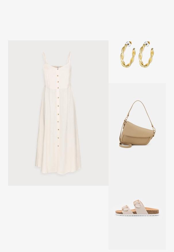Vestido de lino color beige claro con tirantes finos, un frente abotonado y una falda fluida. Presenta un diseño sencillo y una textura natural.; Sandalias deslizantes beige con dos correas ajustables y hebillas en tono dorado. Plantilla de corcho con una suela exterior de goma blanca texturizada.; Even&Odd by Zalando Bolso de mano - beige; Pendientes de aro retorcidos en oro con una superficie lisa, que cuentan con un respaldo transparente y herrajes en tono dorado.