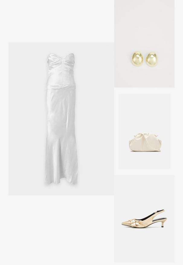 Witte strapless satijnen avondjurk met aansluitend lijfje en lange vloeiende rok, afgebeeld tegen een effen lichte achtergrond.; Gouden leren slingback hakken met spitse neus, kleine kittenhak en twee gespaccenten op de vamp. Gladde textuur, strak ontwerp.; Zachte, crèmekleurige leren clutch met geplooid, gerimpeld ontwerp en een dunne schouderriem die vooraan op een effen achtergrond ligt.; Gouden metalen stud oorbellen met een glad, rond formaat en een gepolijste afwerking. Eenvoudig ontwerp zonder extra versieringen.