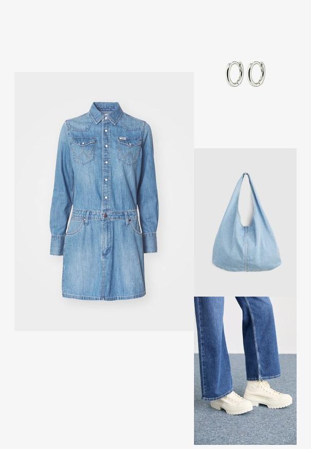 Vestido de camisa de denim en azul claro, con cuello, mangas largas, dos bolsillos en el pecho y una cintura ajustada. Presenta costuras y botones en contraste.; Zapatillas deportivas blancas de caña alta con suelas gruesas y estriadas, y detalle de logo circular, combinadas con jeans de mezclilla de pierna ancha en azul claro.; Bolso de hombro de mezclilla azul claro con una correa ancha y costura central visible, presentado sobre un fondo liso de color gris claro.; Pendientes de aro de plata con un acabado suave y brillante. Forma redondeada con un cierre seguro. Diseño minimalista que presenta un sutil detalle retorcido.