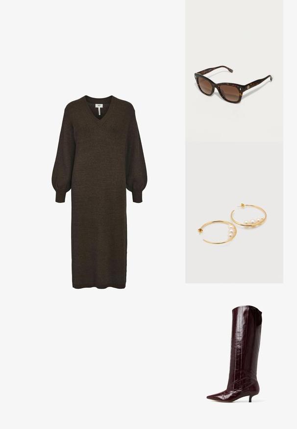 Object OBJMALENA L/S NOOS - Strikkjoler - javadetail:melange; Vinsorte knæhøje støvler i skinnende patentmateriale. Har spidse tæer og kitten-heels med lodrette linjer på skaftet.; Skildpadde-sunglasses med brune gradient linser, vinklet design og hardware i guld-tone på stængerne.; Gyldne øreringe formet som hoops, hver med fem hvide perler i forskellig størrelse langs den indvendige bue, vist mod en ensfarvet hvid baggrund.