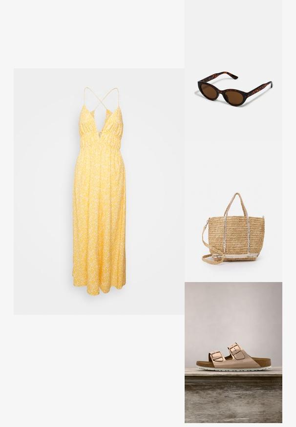 DESIGNERS REMIX HAWAII LONG DRESS - Denné šaty - mandarin; Ružovo-zlaté šľapky s dvoma nastaviteľnými kovovými prackami, korkovým stielka a bielou gumovou podrážkou. Hladký kovový povrch, otvorený dizajn na prstoch.; Hnedé slnečné okuliare v štýle tortoiseshell s vintage cat-eye tvarom a hnedými sklami. Majú zakrivené ramienka s červenými akcentmi.; Vanessa Bruno CABAS PETIT - Kabelka - beige