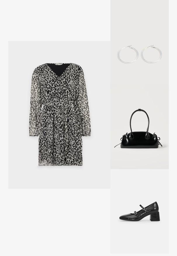 Vestido negro transparente con un estampado abstracto de leopardo en blanco y gris, escote en V, mangas largas y una cintura ceñida con cinturón para dar forma.; Zapatos Mary Jane de charol negro con punta afilada, dos correas ajustables y tacón cuadrado grueso. Textura suave y acabado brillante.; Pequeño bolso negro brillante con dos asas largas y detalles de cordón lateral sobre un fondo claro liso.; Pareja de pendientes de aro plateados brillantes con cierres de alambre delgado, mostrados sobre un fondo gris claro.