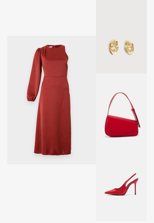 Robe midi rouge fluide en tissu lisse, dotée d'une manche bouffante, d'un décolleté carré et d'une fermeture éclair dissimulée au dos.; ALDO PUCKERUP - Escarpins à talons hauts - red; Sac à main en cuir rouge avec un design angulaire et géométrique. Il dispose d'une seule sangle ajustable et d'une fermeture à rabat avec un detailing cousu.; Paire de boucles d'oreilles en métal doré brillant, de forme irrégulière, avec une surface froissée et lisse sur un fond clair uni.