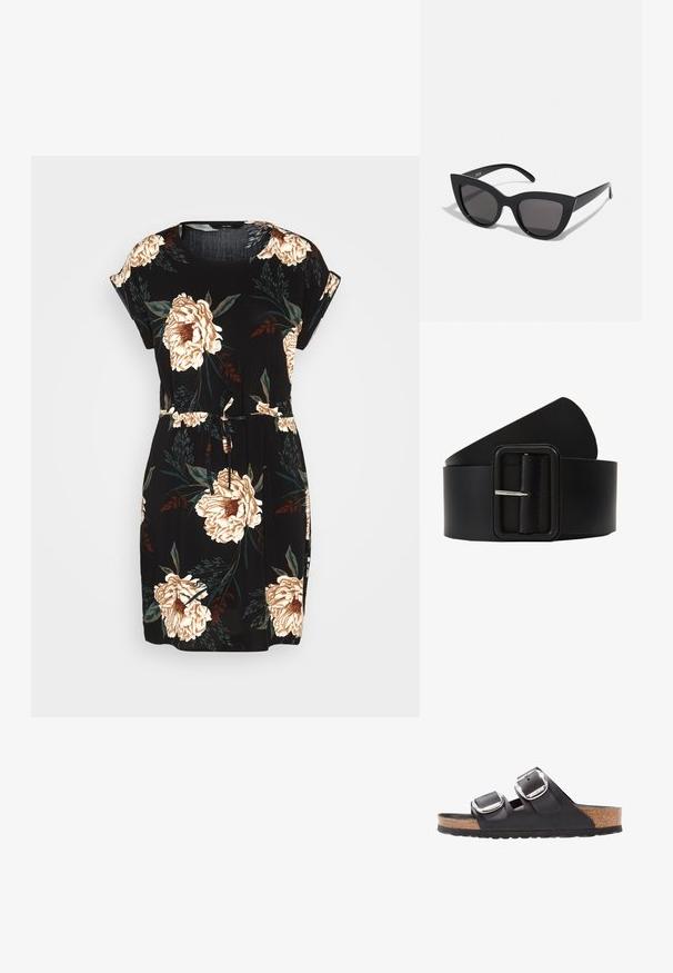 Vero Moda VMEASY TIE SHORT DRESS - Jurk - black; Zwarte sandaal met twee verstelbare banden, zilveren gespen en een kurken voetbed op een gestructureerde zwarte rubberen zool.; Zwarte cat-eye zonnebril met een matte afwerking, voorzien van grijs getinte glazen, scherpe hoeken en slanke zijarmen. Merkennaam zichtbaar op de binnenarm.; Zwarte leren riem met een rechthoekige zilveren gesp, een gladde textuur en een taps toelopend einde. Het ontwerp is eenvoudig en functioneel.