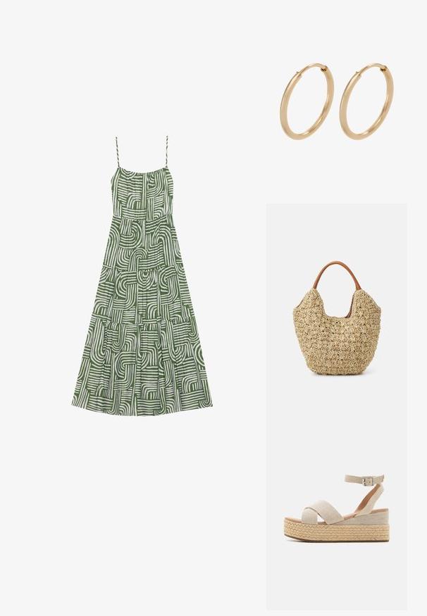 Robe sans manches verte avec des motifs de lignes abstraites blanches, présentant un haut froncé et une jupe à volants, fabriquée en tissu léger.; Sandales plateforme espadrilles beiges avec une tige en textile tissé, des sangles croisées, une boucle à la cheville et une semelle en jute texturé.; Sac fourre-tout en paille tissée avec une texture naturelle et une forme douce et organique, doté de poignées en cuir brun pour un transport facile.; Boucles d'oreilles en or en forme de créoles, avec une finition lisse et polie. Forme arrondie, de taille moyenne, dotées d'un mécanisme de fermeture sécurisé.