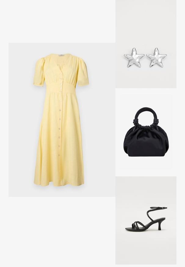 Robe midi jaune avec manches courtes bouffantes, devant boutonné, taille cintrée, et détails de tissu froncé au niveau de la poitrine et de la jupe.; Even&Odd Wide Fit by Zalando Sandales - black; Sac à main en tissu noir doux avec haut froncé et poignées circulaires rembourrées nouées de chaque côté.; Boucles d'oreilles argentées en forme d'étoile, avec une surface lisse et brillante. Chaque boucle d'oreille possède cinq pointes et des détails subtils de texture de surface.